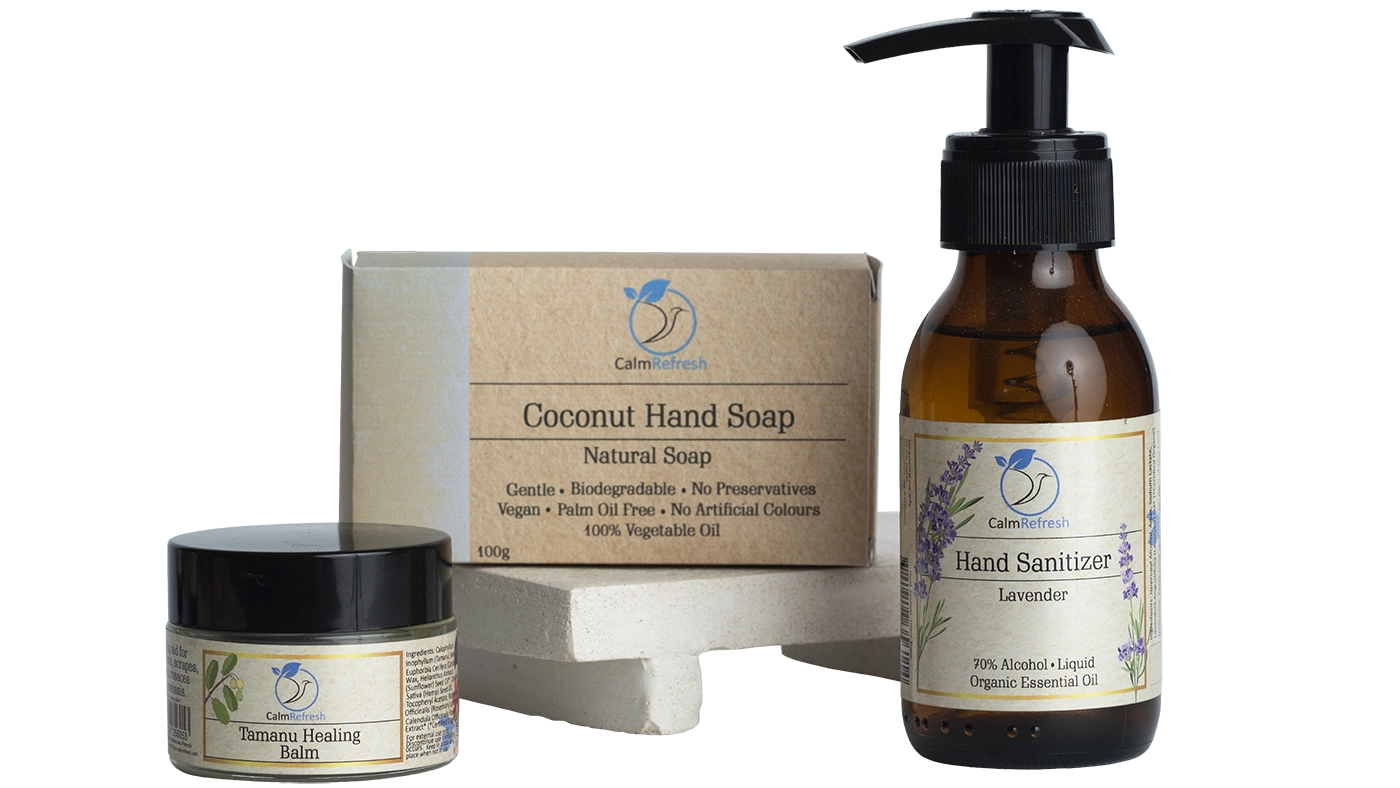 Sanitiser, Coconut Hand Soap and Tamanu Healing Balm Products Image Transparent